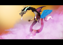 Size: 1024x724 | Tagged: safe, artist:geltydrake, derpibooru import, discord, draconequus, gradient background, male, solo