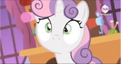 Size: 867x458 | Tagged: safe, screencap, sweetie belle, for whom the sweetie belle toils, animation error, hub logo, no mouth, solo
