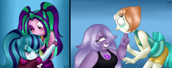 Size: 1024x410 | Tagged: safe, artist:queentigrel, aria blaze, sonata dusk, equestria girls, rainbow rocks, amethyst (steven universe), arisona, blushing, crossover, female, flirting, hug, lesbian, pearl (steven universe), shipping, steven universe