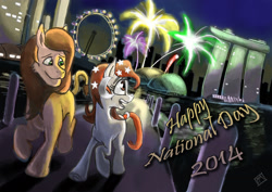 Size: 3508x2480 | Tagged: safe, artist:mysterimaan, derpibooru import, oc, oc only, oc:temmy, big cat, lion, ferris wheel, fireworks, heart eyes, looking back, nation ponies, national day, singapore