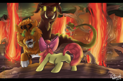 Size: 1024x677 | Tagged: safe, artist:amberswirl, apple bloom, chimera sisters, chimera, earth pony, pony, somepony to watch over me, antagonist, behind, facing away, female, filly, fire, fire swamp, flame geyser, multiple heads, scene interpretation, three heads