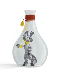 Size: 1245x1572 | Tagged: safe, artist:eriada, derpibooru import, zecora, zebra, bottle, shrunk, solo