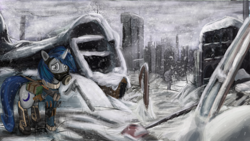 Size: 1920x1080 | Tagged: safe, artist:pantzar, derpibooru import, oc, oc only, bygone civilization, gas mask, metro 2033, snow, snowfall, solo