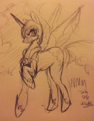 Size: 794x1024 | Tagged: safe, artist:doubt, derpibooru import, nightmare moon, grin, monochrome, solo, traditional art