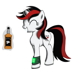 Size: 2041x1902 | Tagged: safe, artist:koshakevich, derpibooru import, oc, oc only, oc:blackjack, pony, unicorn, fallout equestria, fallout equestria: project horizons, alcohol, bottle, eyes closed, fanfic, fanfic art, female, glowing horn, hooves, horn, levitation, magic, mare, pipbuck, simple background, smiling, solo, teeth, telekinesis, transparent background, whiskey