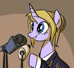 Size: 700x650 | Tagged: safe, artist:sketchyjackie, derpibooru import, pony, unicorn, clothes, crimea, grin, microphone, natalia poklonskaya, ponified, sitting, smiling, solo, uniform