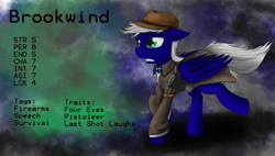 Size: 2308x1308 | Tagged: safe, artist:pantzar, derpibooru import, oc, oc only, oc:brookwind, fallout equestria, detective, reference sheet, solo