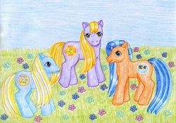 Size: 1024x717 | Tagged: safe, artist:normaleeinsane, derpibooru import, g3, bubblecup, garden glade, traditional art, wishawhirl