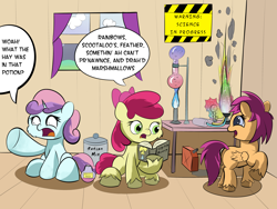 Size: 4000x3000 | Tagged: safe, artist:wadusher0, apple bloom, scootaloo, sweetie belle, cutie mark crusaders, science, speech bubble, unshorn fetlocks