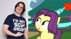 Size: 568x310 | Tagged: safe, inspiration manifestation, 5-year-old, arin hanson, comparison, egofilly, egoraptor, foal, game grumps, hat, open mouth, party hat, pointing, smiling