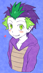 Size: 357x598 | Tagged: safe, artist:megarexetera, spike, human, blushing, clothes, cute, elf ears, fangs, hoodie, humanized, looking at you, solo