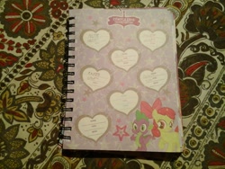 Size: 2048x1536 | Tagged: safe, derpibooru import, apple bloom, spike, dragon, agenda, birthday, diary, heart, journal, spanish, stars