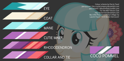 Size: 8160x4000 | Tagged: safe, artist:parclytaxel, derpibooru import, coco pommel, .svg available, absurd resolution, logo, reference sheet, rhododendron, solo, vector