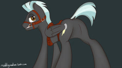 Size: 1280x720 | Tagged: safe, artist:modding madness, derpibooru import, thunderlane, pegasus, pony, bit gag, bridle, featureless crotch, gag, male, saddle, solo, stallion