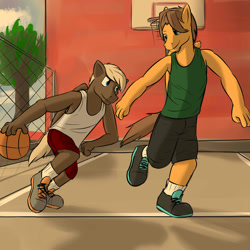Size: 1280x1280 | Tagged: safe, artist:fuzebox, dumbbell, hoops, anthro, plantigrade anthro, basketball, basketball court, clothes, hoop, shirt, shoes, shorts, sneakers