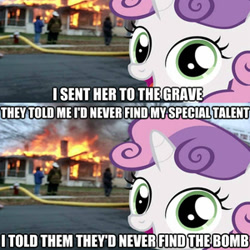 Size: 300x300 | Tagged: safe, derpibooru import, sweetie belle, disaster girl, exploitable meme, image macro, meme