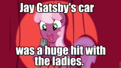 Size: 960x540 | Tagged: safe, derpibooru import, cheerilee, earth pony, pony, cheerilee pun, curtain, exploitable meme, female, gatsbymobile, green eyes, image macro, jay gatsby, mare, meme, microphone, open mouth, pun, smiling, solo, spotlight, text, the great gatsby, two toned mane, two toned tail