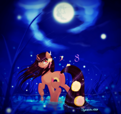 Size: 1700x1600 | Tagged: safe, artist:shymemories, oc, oc only, pony, unicorn, bedroom eyes, female, looking at you, looking back, mare, moon, plot, princess kona, reflection, smiling, solo, water