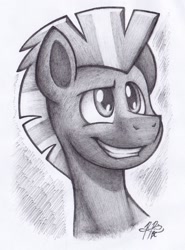 Size: 1471x1991 | Tagged: safe, artist:bcpony, derpibooru import, thunderlane, pegasus, pony, bust, male, monochrome, smiling, solo, stallion, traditional art