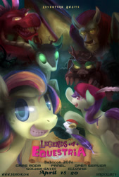 Size: 1215x1800 | Tagged: safe, artist:surgicalarts, oc, oc only, oc:ellowee, oc:golden gates, cockatrice, dragon, manticore, timber wolf, 2014, babscon, babscon mascots, convention, dryad, legends of equestria, monster, poster, video game