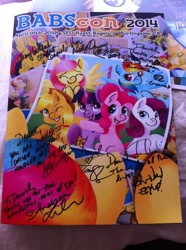 Size: 599x804 | Tagged: safe, oc, oc only, oc:golden gates, 2014, autograph, babscon, babscon mascots, convention, irl, photo