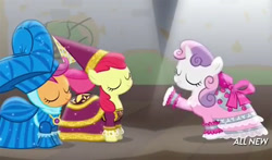 Size: 550x323 | Tagged: safe, derpibooru import, screencap, apple bloom, scootaloo, sweetie belle, for whom the sweetie belle toils, cutie mark crusaders, medieval