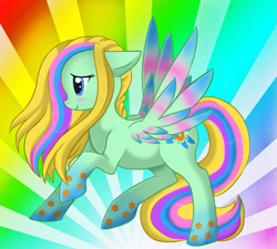 Size: 831x748 | Tagged: safe, artist:halfbreed-kitomi, derpibooru import, oc, oc only, oc:dawn dreamer, pegasus, pony, rainbow power, rainbow power-ified, solo, sunburst background