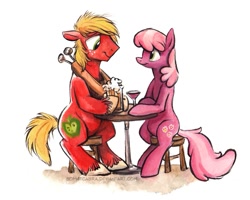 Size: 793x635 | Tagged: safe, artist:kenket, artist:spainfischer, derpibooru import, big macintosh, cheerilee, earth pony, pony, cheerimac, drink, male, shipping, stallion, straight, table