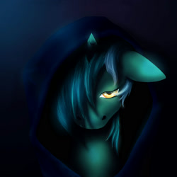 Size: 2000x2000 | Tagged: safe, artist:4as, derpibooru import, lyra heartstrings, fanfic:background pony, floppy ears, hair over one eye, hood, looking at you, nostrils, ponies wearing black, sad, shadow, solo