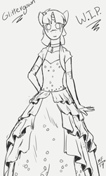 Size: 1156x1920 | Tagged: safe, artist:overkenzie, derpibooru import, snails, anthro, clothes, crossdressing, cute, dress, glitter shell, gown, monochrome, necklace, sketch, solo, wip