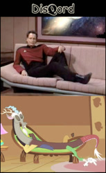 Size: 464x757 | Tagged: safe, derpibooru import, angel bunny, discord, comparison, draw me like one of your french girls, eyes closed, john de lancie, on back, q, smiling, star trek