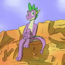 Size: 1280x1280 | Tagged: safe, artist:fuzebox, spike, dragon, semi-anthro, looking at you, older, rock, sitting, solo, teenage spike, teenaged dragon, teenager