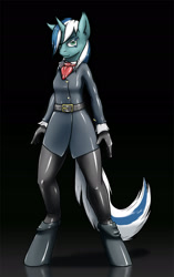 Size: 1209x1920 | Tagged: safe, artist:krd, oc, oc only, oc:skyfall, anthro, unguligrade anthro, unicorn, anthro oc, clothes, colored, cravat, female, gloves, latex, latex gloves, solo, suit