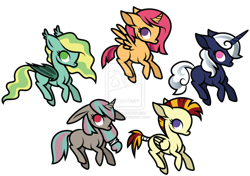 Size: 1280x899 | Tagged: safe, artist:ivyhaze, oc, oc only, alicorn, bat pony, donkey, hybrid, pegasus, pony, unicorn, adoptable, alicorn oc, mohawk