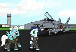 Size: 1024x699 | Tagged: safe, artist:jackbenv, derpibooru import, fleetfoot, soarin', clothes, f/a-18 hornet, jet, jet fighter, plane, uniform