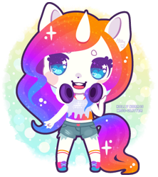 Size: 390x440 | Tagged: safe, artist:miss-glitter, oc, oc only, oc:vivid visions, anthro, unicorn, ambiguous facial structure, anthro oc, bright, chibi, female, mare, neon, solo, sparkles