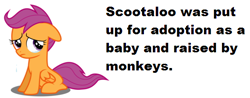 Size: 528x206 | Tagged: safe, derpibooru import, scootaloo, monkey, headcanon, ratchet and clank, reference, sad, scootasad, text