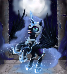 Size: 5500x6000 | Tagged: safe, artist:vittorionobile, derpibooru import, nightmare moon, absurd resolution, angry, fangs, lightning, looking at you, moon, night, rearing, sharp teeth, solo