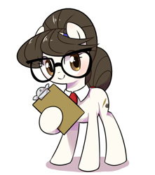 Size: 750x850 | Tagged: safe, artist:30clock, writing desk, earth pony, pony, clipboard, cute, female, glasses, looking at you, mare, pencil, ravenbetes, solo