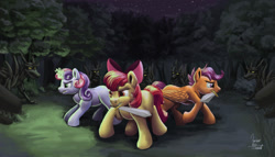 Size: 1800x1033 | Tagged: safe, artist:zevironmoniroth, derpibooru import, apple bloom, scootaloo, sweetie belle, timber wolf, cutie mark crusaders, forest, magic, mouth hold, ponyvania, sword