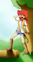 Size: 654x1222 | Tagged: safe, artist:themrgumball, derpibooru import, apple bloom, human, anime, apple, boots, clothes, humanized, looking at you, shorts, solo, tree, vest