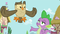 Size: 1920x1080 | Tagged: safe, screencap, owlowiscious, spike, dragon, inspiration manifestation, hub logo