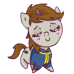 Size: 400x400 | Tagged: safe, artist:teschke, oc, oc only, oc:littlepip, pony, unicorn, fallout equestria, animated, blushing, c:, chibi, clothes, eyes closed, fanfic, fanfic art, female, gif, hooves, horn, mare, pipbuck, simple background, smiling, solo, transparent background, vault suit, walking