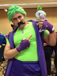 Size: 600x800 | Tagged: safe, artist:jamesalpha, spike, human, 2014, babscon, convention, cosplay, hand wraps, irl, irl human, moustache, necklace, photo, plushie, spike plushie