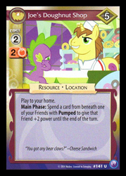 Size: 344x480 | Tagged: safe, derpibooru import, cheese sandwich, donut joe, spike, dragon, albuquerque, canterlot nights, ccg, enterplay, mlp trading card game, song reference, voice actor joke, weird al yankovic