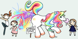 Size: 900x450 | Tagged: safe, artist:stapledslut, derpibooru import, human, unicorn, barely pony related, blushing, cotton candy, diarrhea, female, food, not celestia, poop, pooping, rainbow, rainbow poop, rainbowrrhea