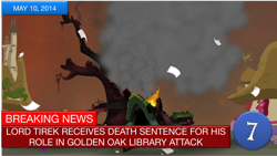 Size: 1510x849 | Tagged: safe, derpibooru import, edit, screencap, lord tirek, twilight's kingdom, breaking news, destroyed, fire, golden oaks library, justice, news, smoke, television