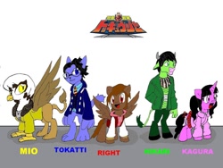 Size: 1024x768 | Tagged: safe, artist:fergarcia220, derpibooru import, diamond dog, griffon, minotaur, pegasus, pony, unicorn, fanfic art, friendship is showtime!, griffonized, logo, paint, ponified, ressha sentai toqger, species swap, super sentai