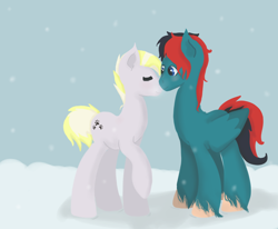 Size: 1700x1400 | Tagged: safe, artist:creeperoxx, derpibooru import, oc, oc only, earth pony, pegasus, pony, gay, kissing, male, nuzzling, oc x oc, shipping, snow, snowfall, snowflake, underhoof