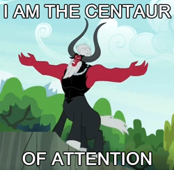 Size: 564x548 | Tagged: safe, derpibooru import, edit, lord tirek, centaur, twilight's kingdom, exploitable meme, horns, image macro, lord tirek's outstretched arms, male, meme, nose ring, open mouth, pun, solo, text, tree